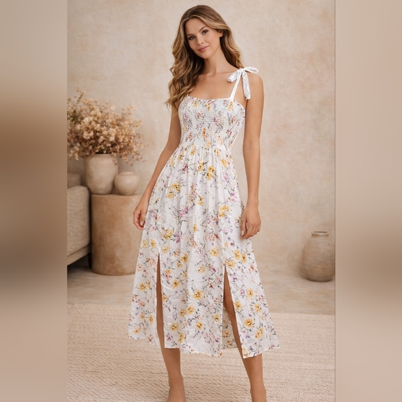 Fanco Dresses & Skirts - Fanco Floral Smocked Midi Dress Large Cottagecore Tie Shoulder Sundress Romantic